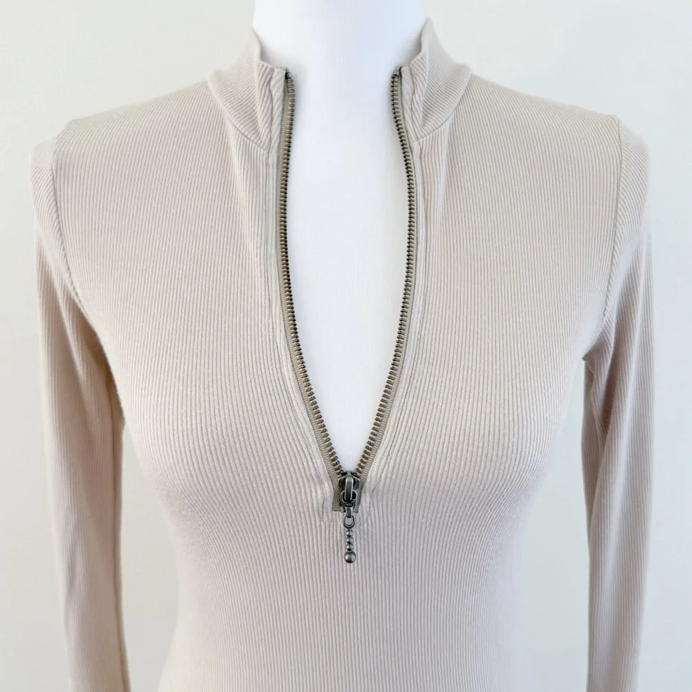 JOAH BROWN BEIGE TAN RIBBED HALF ZIP MOCK NECK LONG SLEEVE TOP - Picture 4 of 13